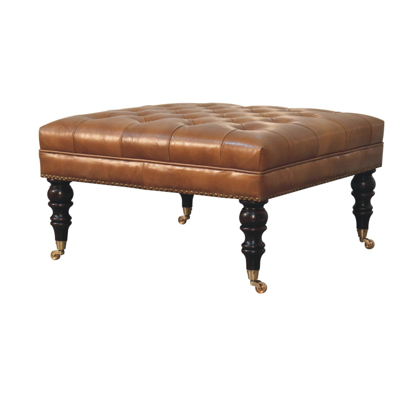 Studded Genuine Leather Ottoman with Castor Legs - Tan