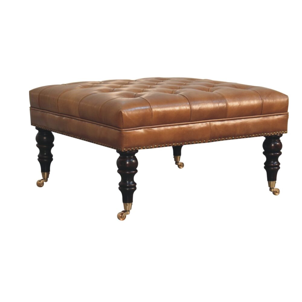 Studded Genuine Leather Ottoman with Castor Legs - Tan