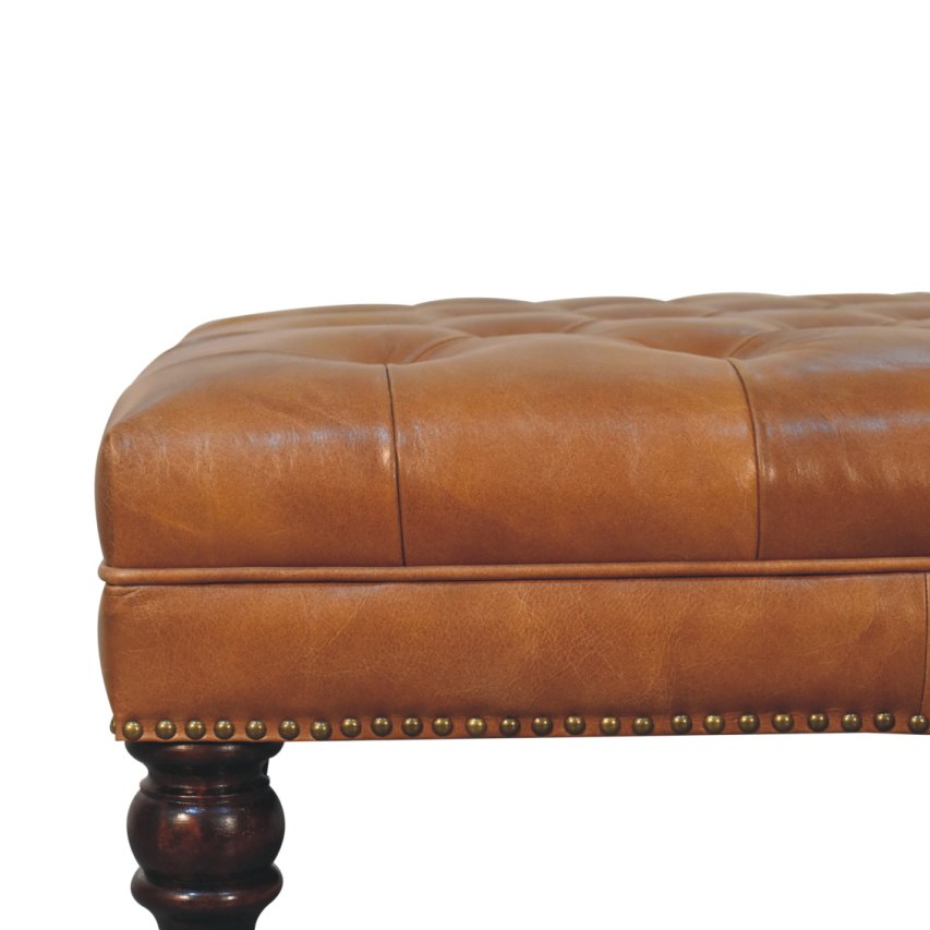 Studded Genuine Leather Ottoman with Castor Legs - Tan