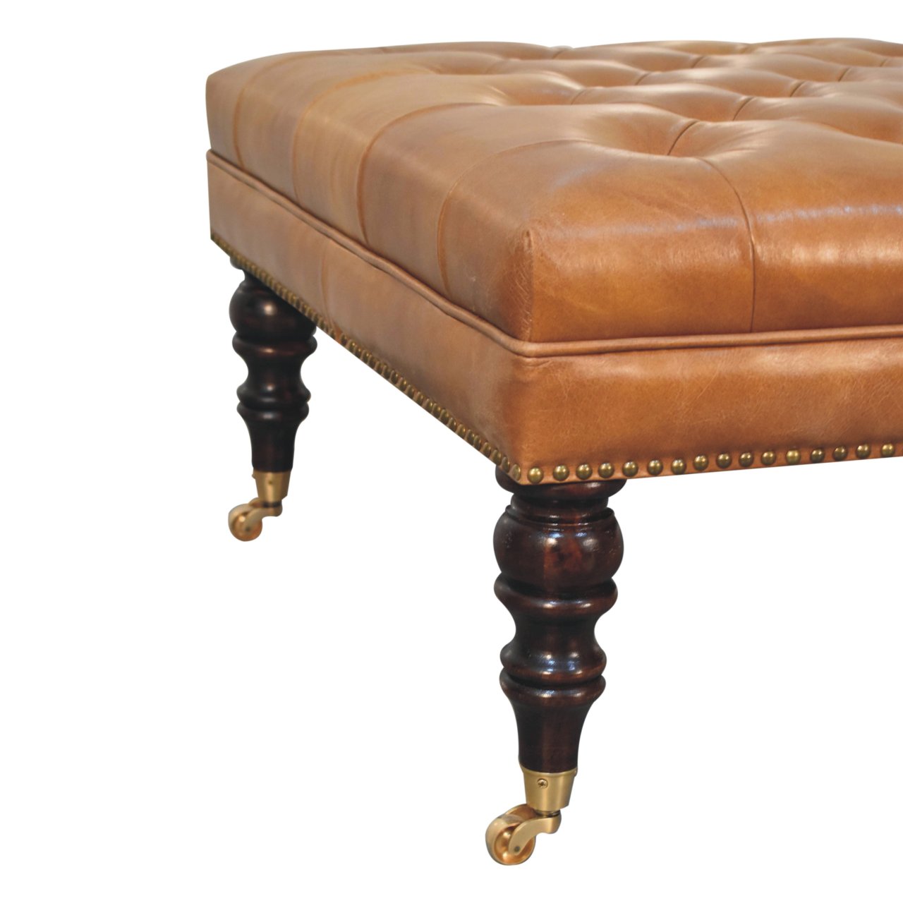 Studded Genuine Leather Ottoman with Castor Legs - Tan