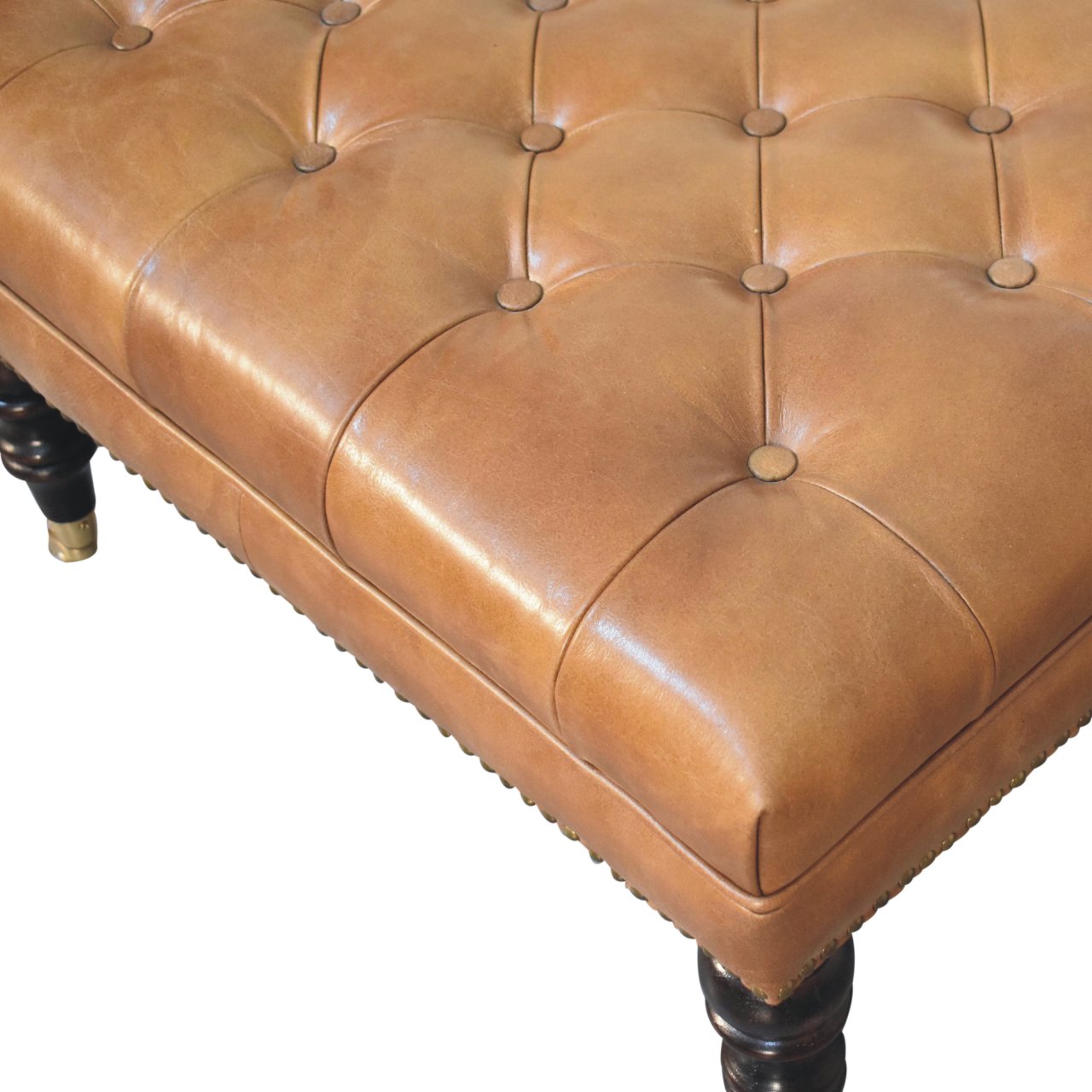 Studded Genuine Leather Ottoman with Castor Legs - Tan