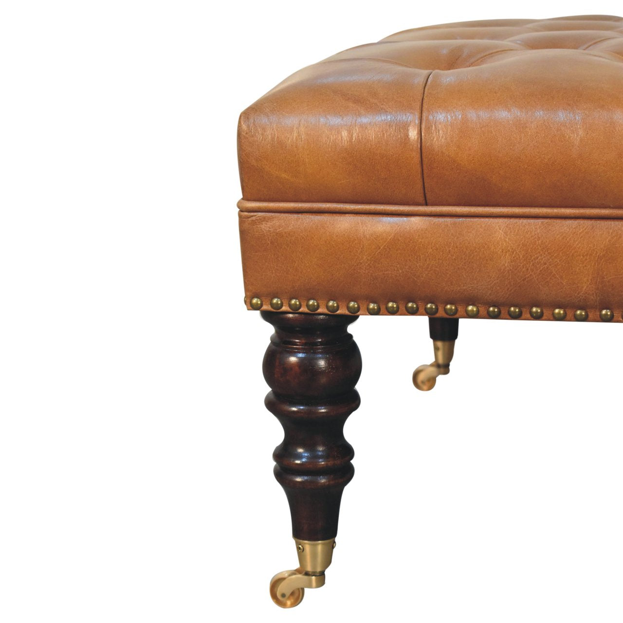 Studded Genuine Leather Ottoman with Castor Legs - Tan