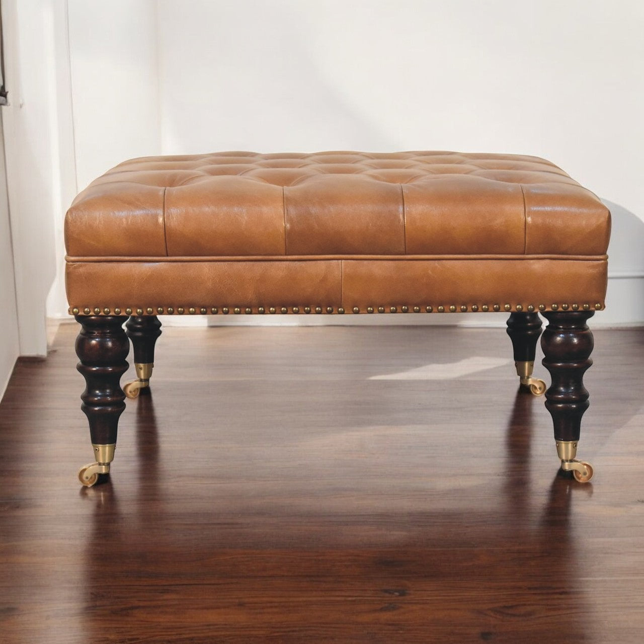 Studded Genuine Leather Ottoman with Castor Legs - Tan