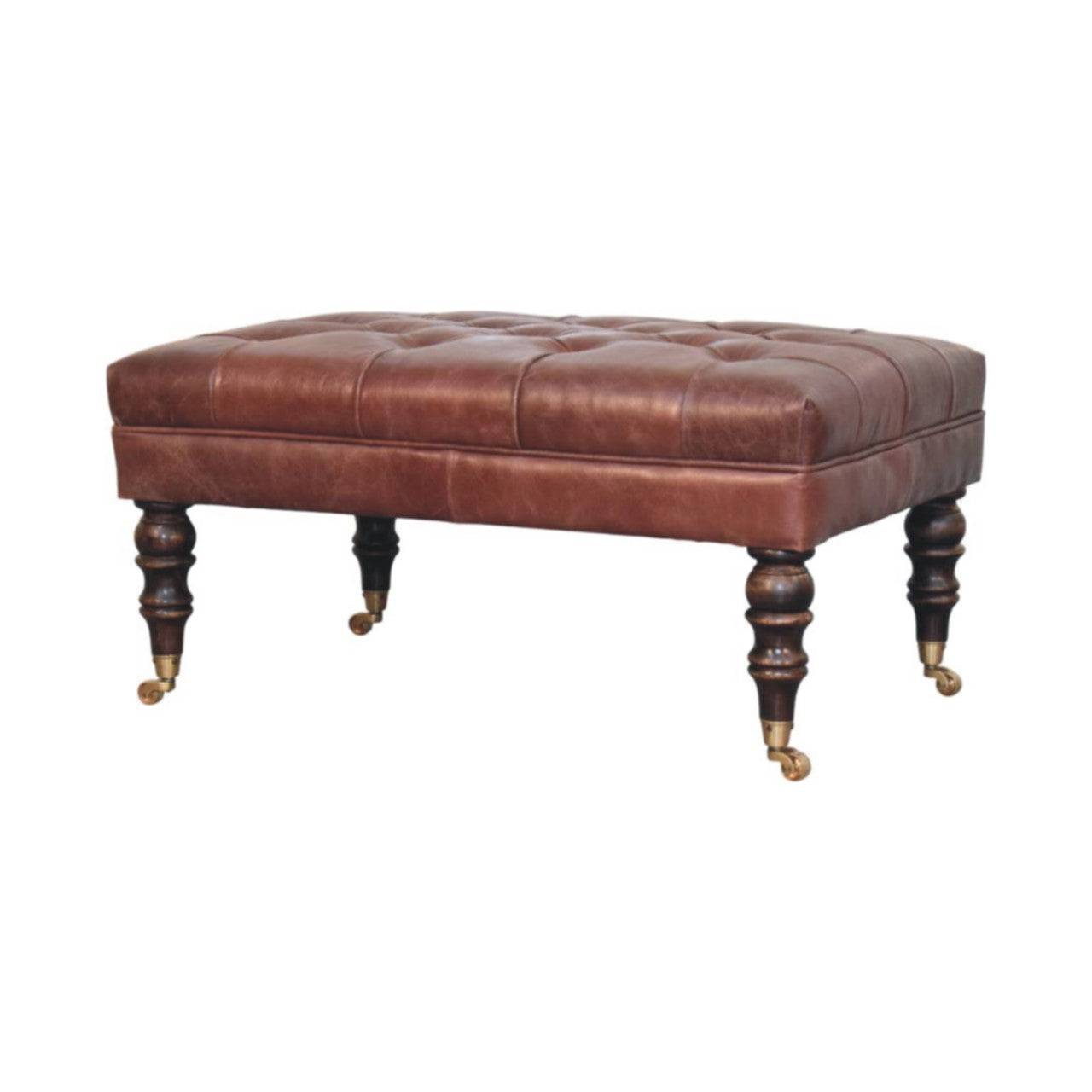 Genuine Leather Ottoman with Castor Legs - Brown