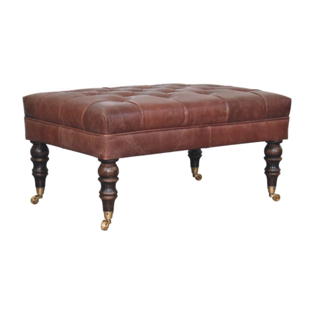 Genuine Leather Ottoman with Castor Legs - Brown