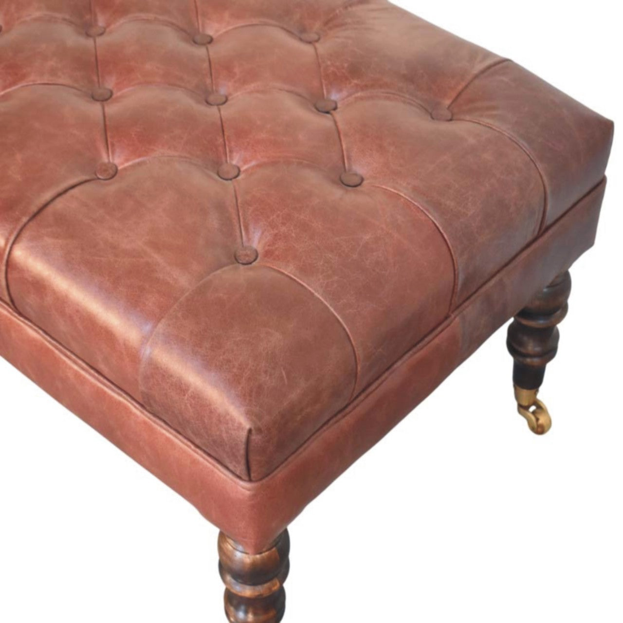 Genuine Leather Ottoman with Castor Legs - Brown