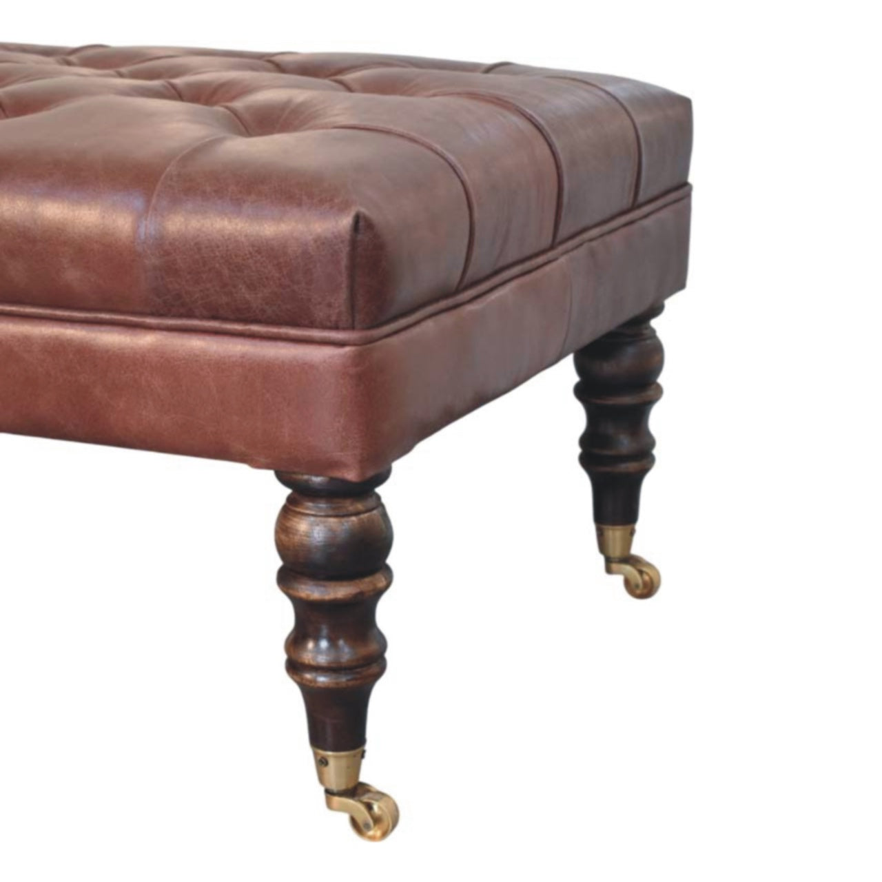 Genuine Leather Ottoman with Castor Legs - Brown