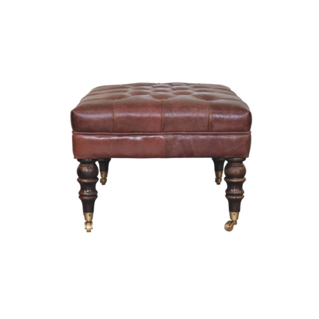 Genuine Leather Ottoman with Castor Legs - Brown