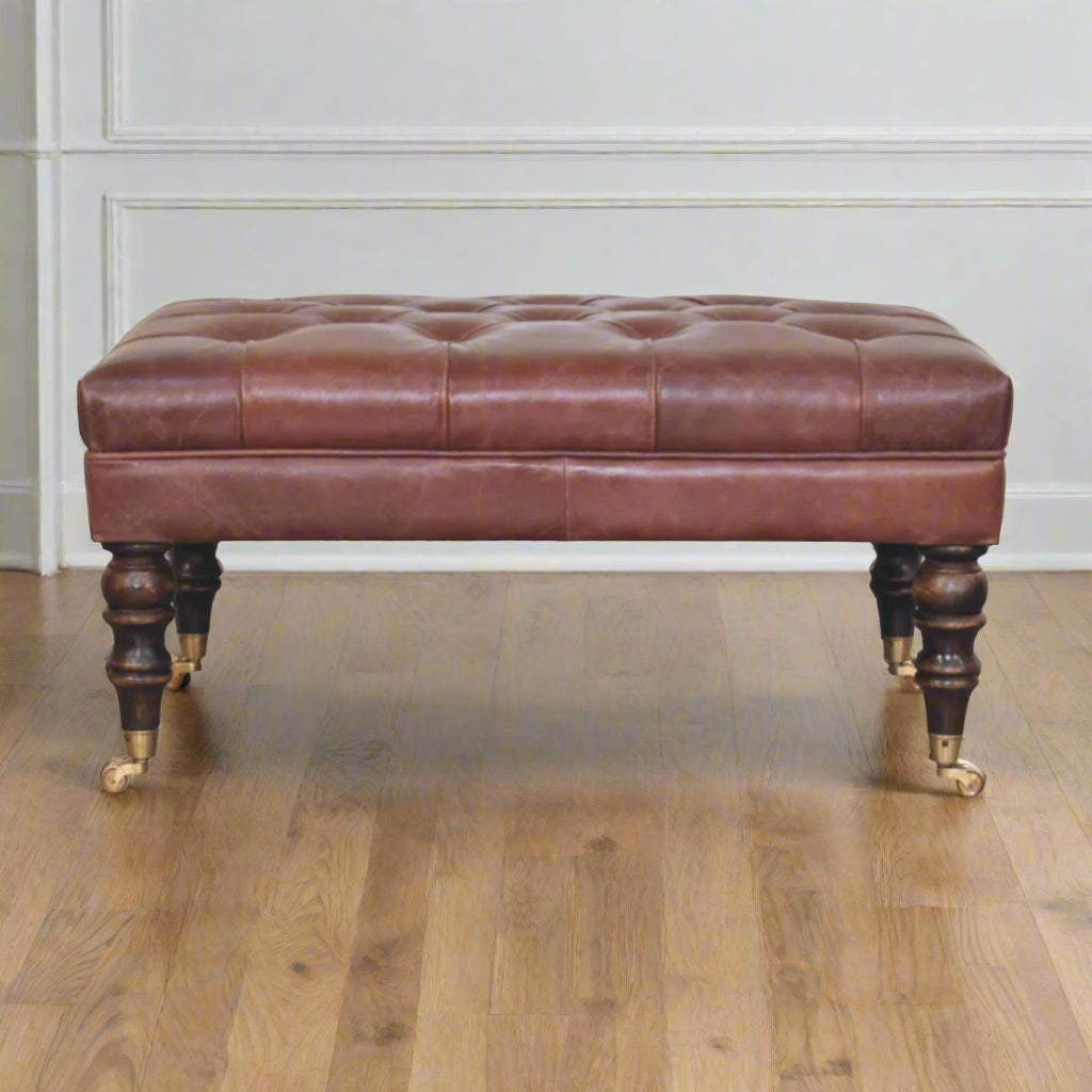 Genuine Leather Ottoman with Castor Legs - Brown