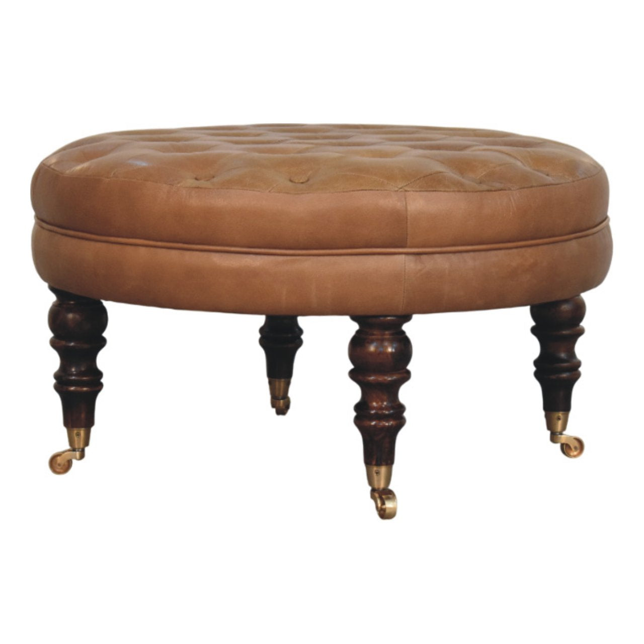 Round Genuine Leather Ottoman with Castor Legs - Tan