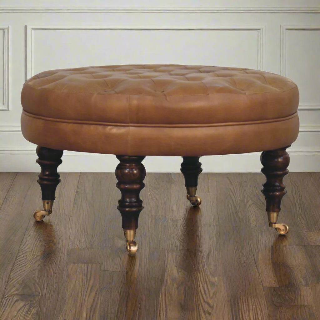 Round Genuine Leather Ottoman with Castor Legs - Tan