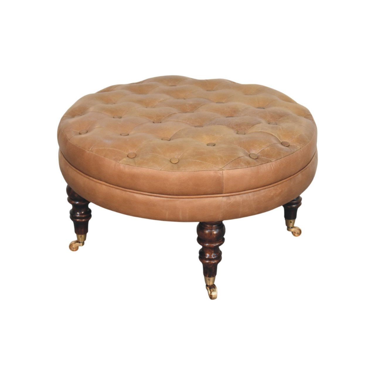 Round Genuine Leather Ottoman with Castor Legs - Tan