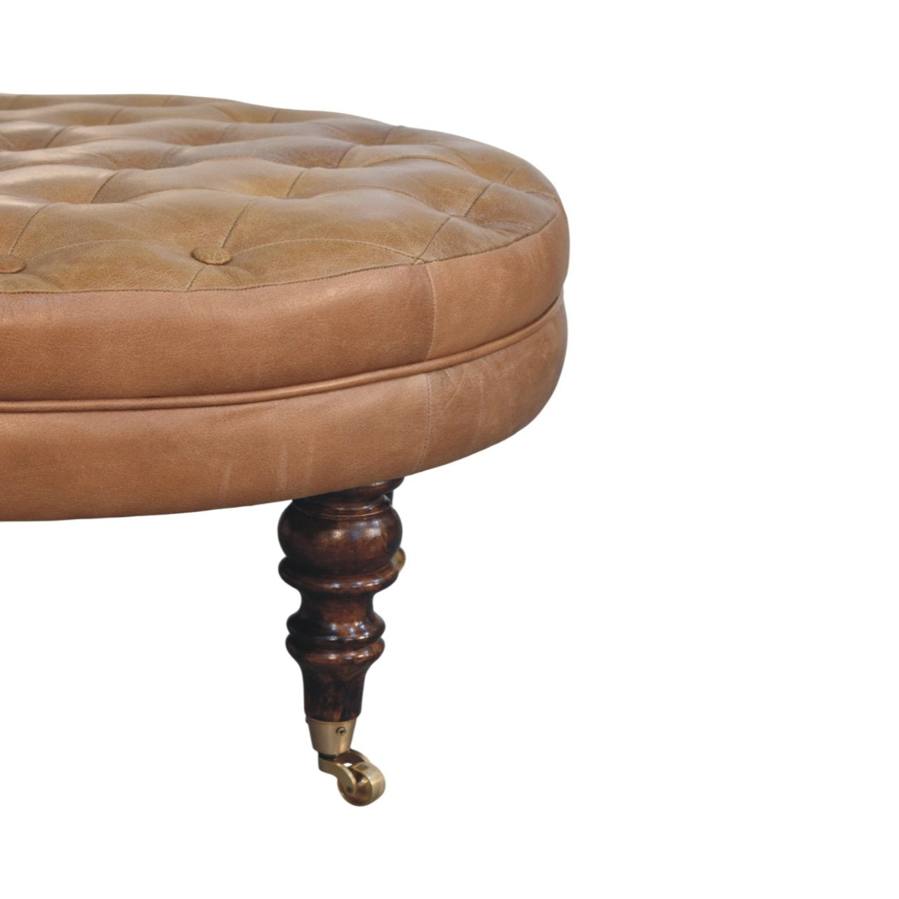 Round Genuine Leather Ottoman with Castor Legs - Tan