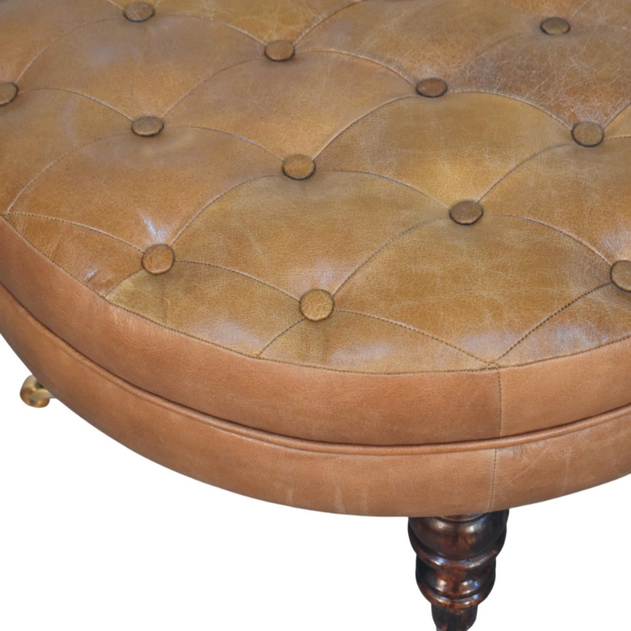 Round Genuine Leather Ottoman with Castor Legs - Tan