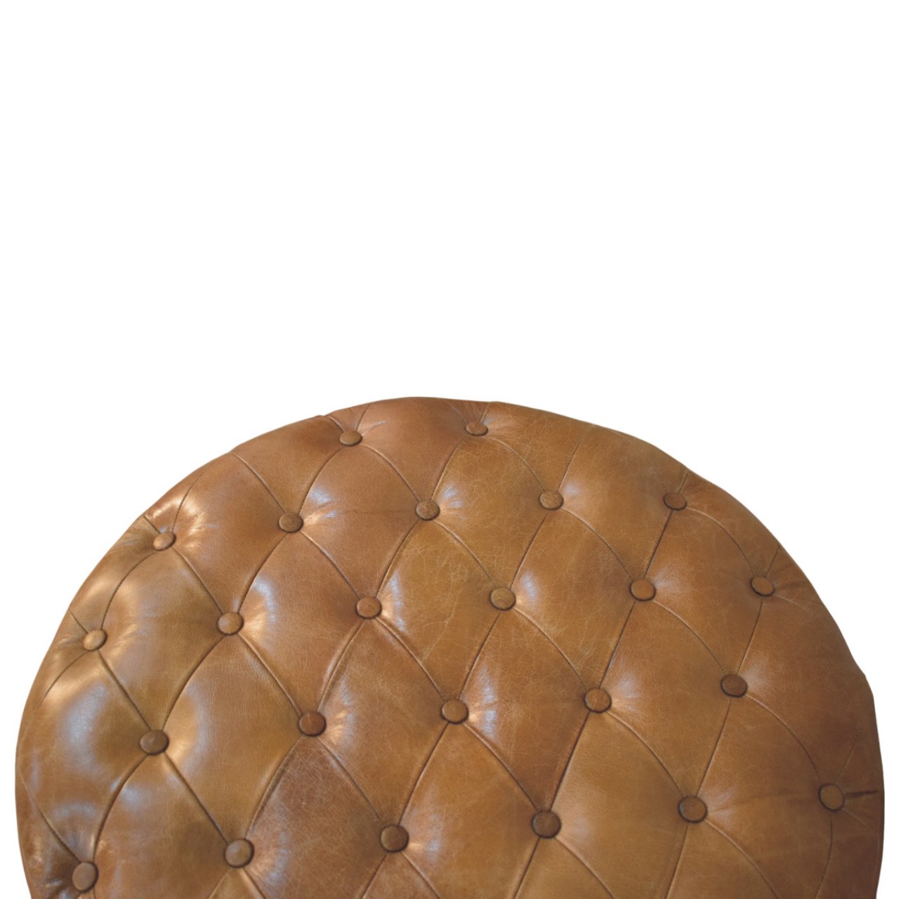 Round Genuine Leather Ottoman with Castor Legs - Tan