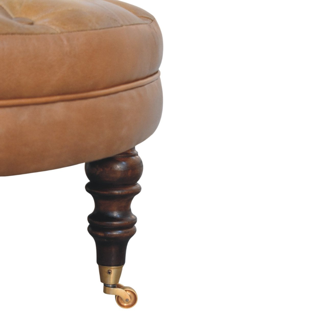 Round Genuine Leather Ottoman with Castor Legs - Tan
