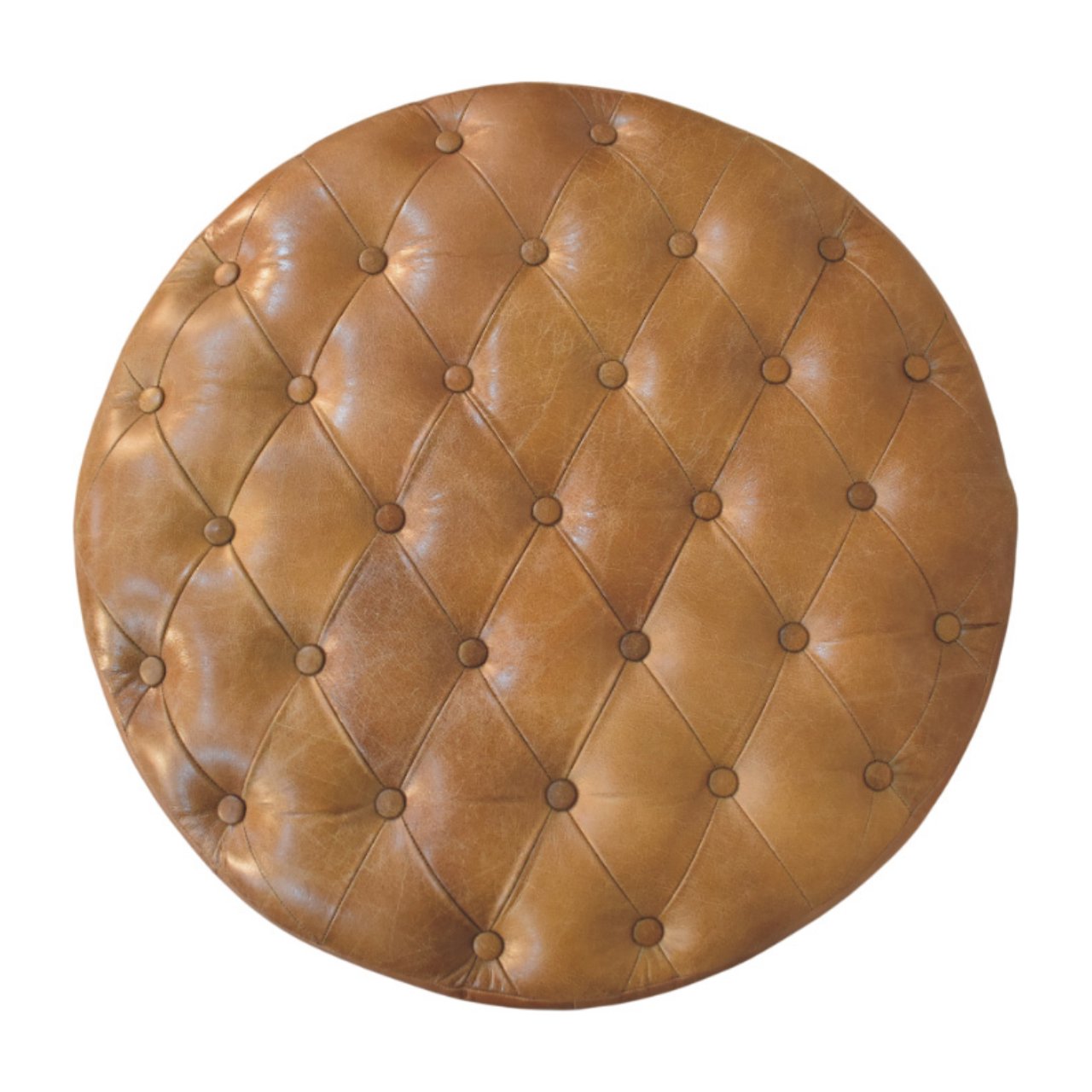 Round Genuine Leather Ottoman with Castor Legs - Tan