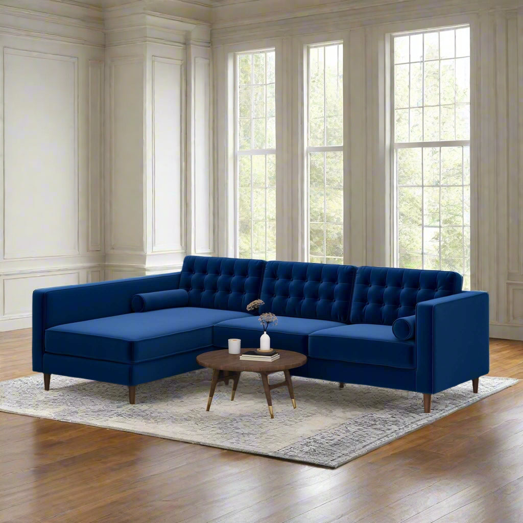 Christian Blue Velvet Sectional Sofa Left Facing