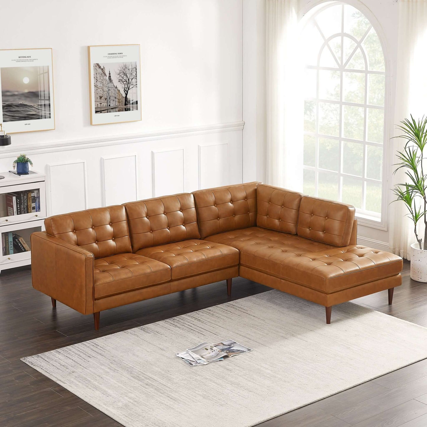 Lucco Tufted Genuine Leather Sectional Right Facing