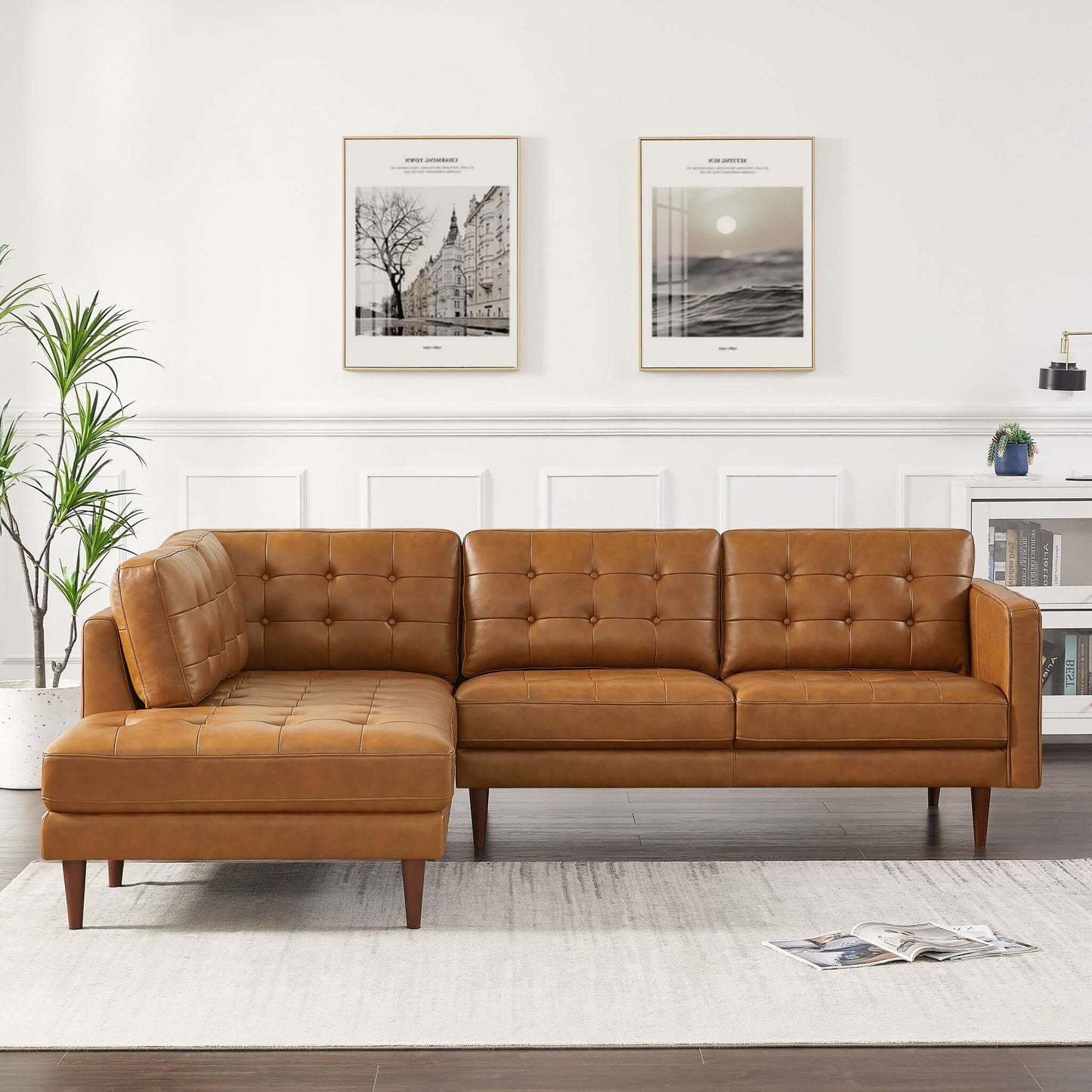 Lucco Tufted Genuine Leather Sectional Left Facing
