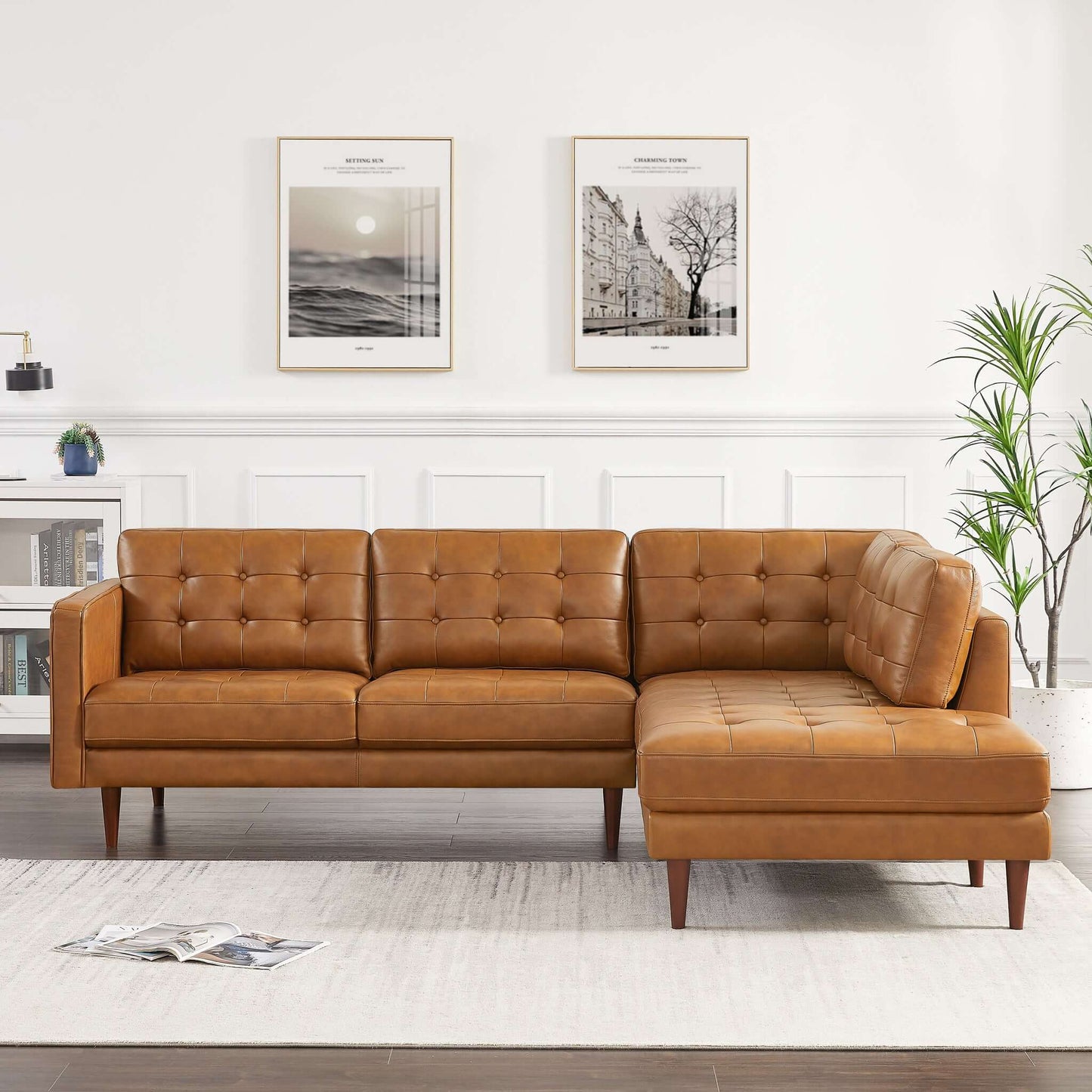 Lucco Tufted Genuine Leather Sectional Right Facing