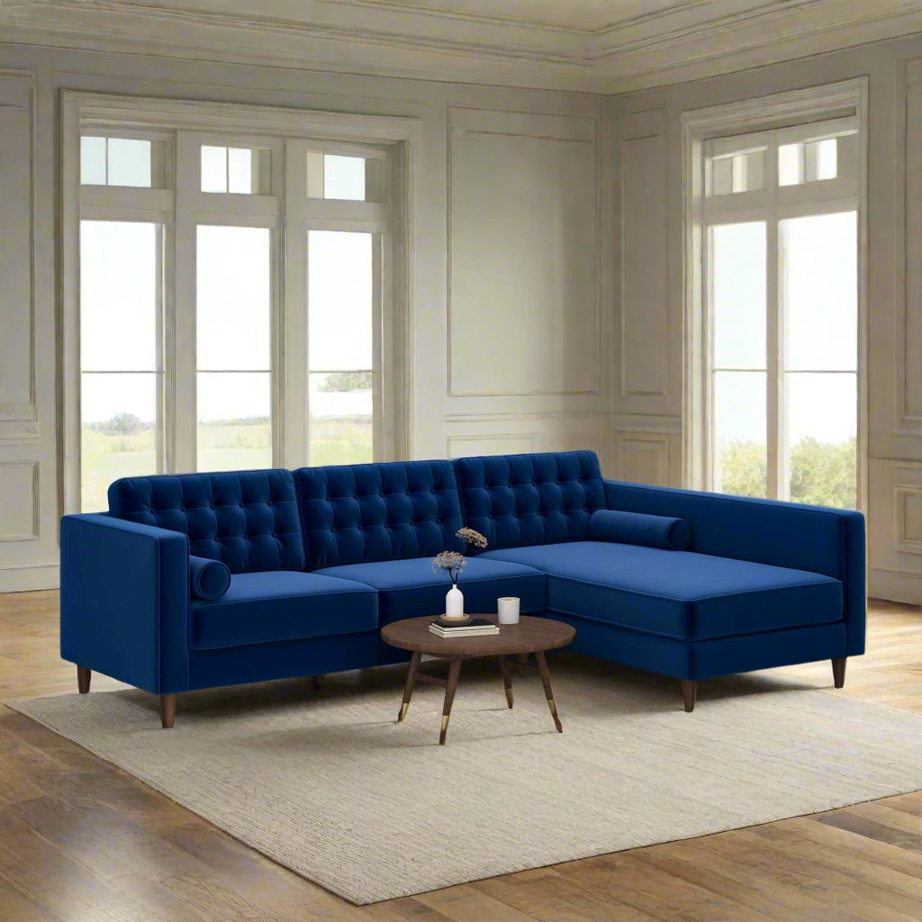 Christian Blue Velvet Sectional Sofa Right Facing