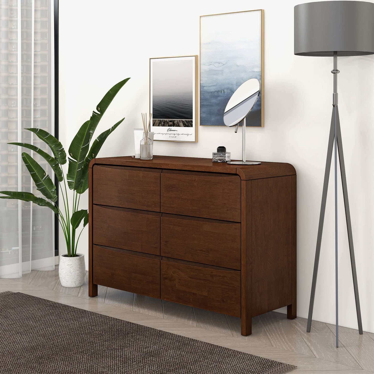 Lionel Mid Century Modern Solid Wood 6-Drawer Dresser - Walnut Finish