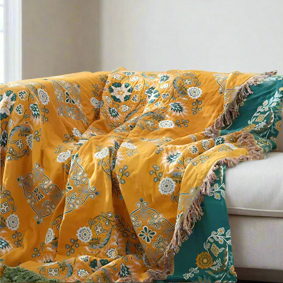 100% Cotton Botanical Fringed Throw Blanket