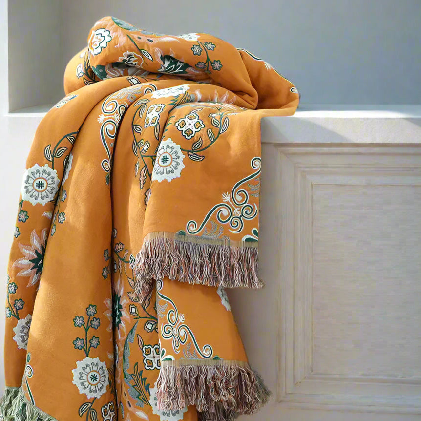 100% Cotton Botanical Fringed Throw Blanket