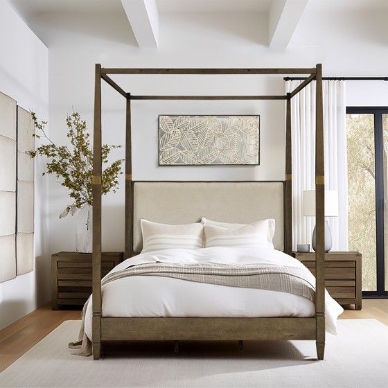 Canopy Queen Size Bed - Solid Wood with Decorative Brass Finish Accents