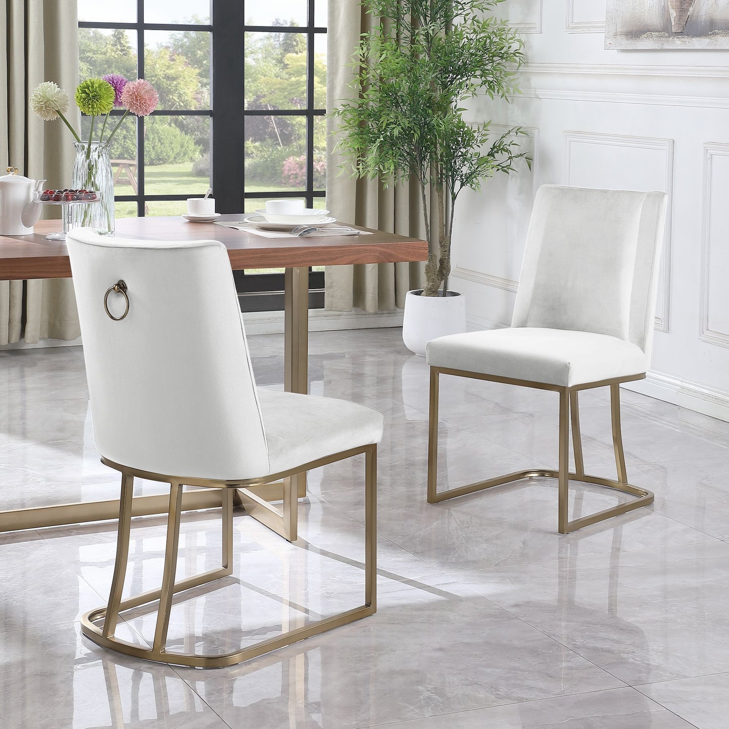 Velvet Upholstered Dining Chairs, Gold Metal Legs (Set of 2) - White