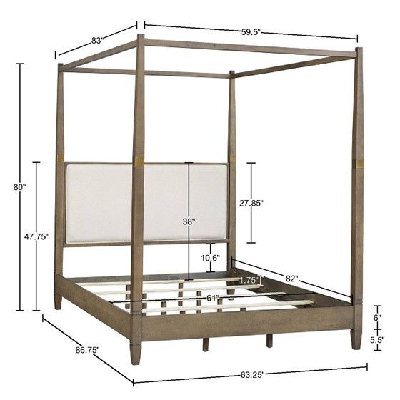Canopy Queen Size Bed - Solid Wood with Decorative Brass Finish Accents