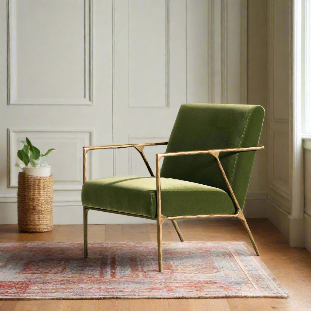 Aerin 24.5" Hammered Brass Performance Velvet Accent Arm Chair - Olive Green