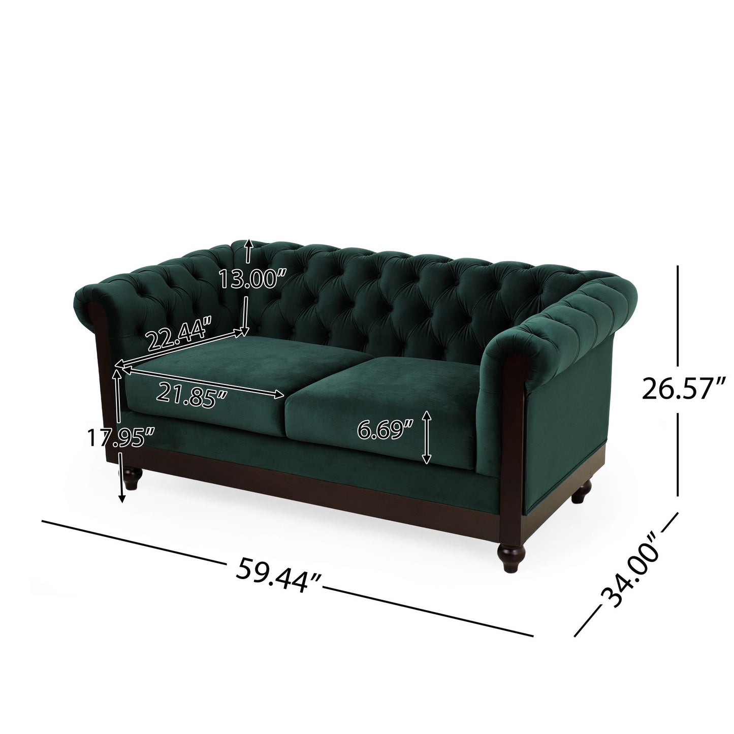 Chesterfield Tufted Velvet Loveseat 2-Seater Sofa - Forest Green