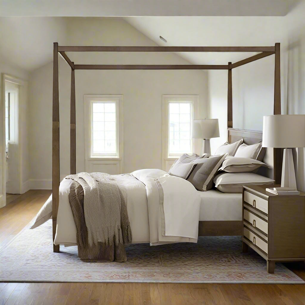 Canopy Queen Size Bed - Solid Wood with Decorative Brass Finish Accents
