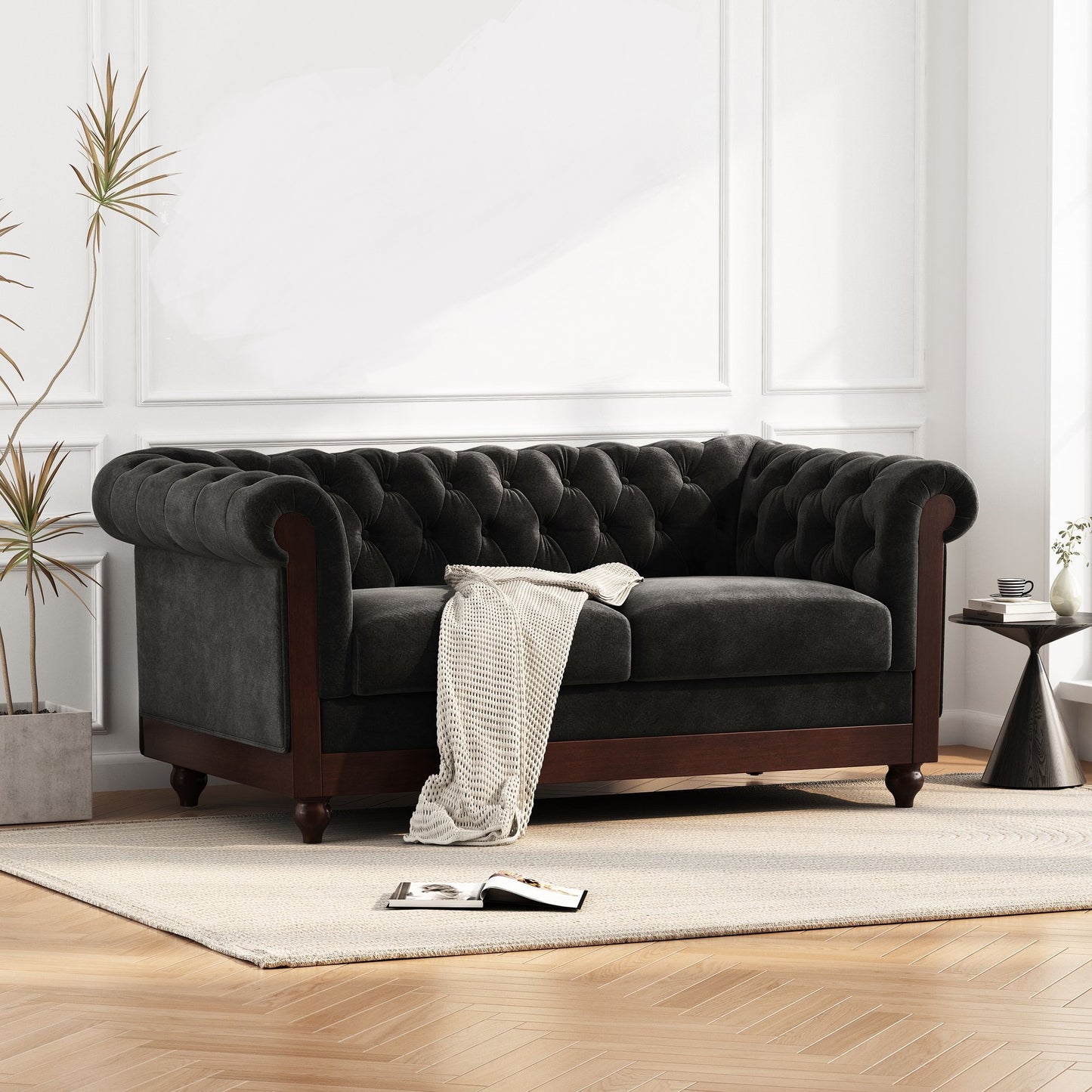 Chesterfield Tufted Velvet Loveseat 2-Seater Sofa - Black