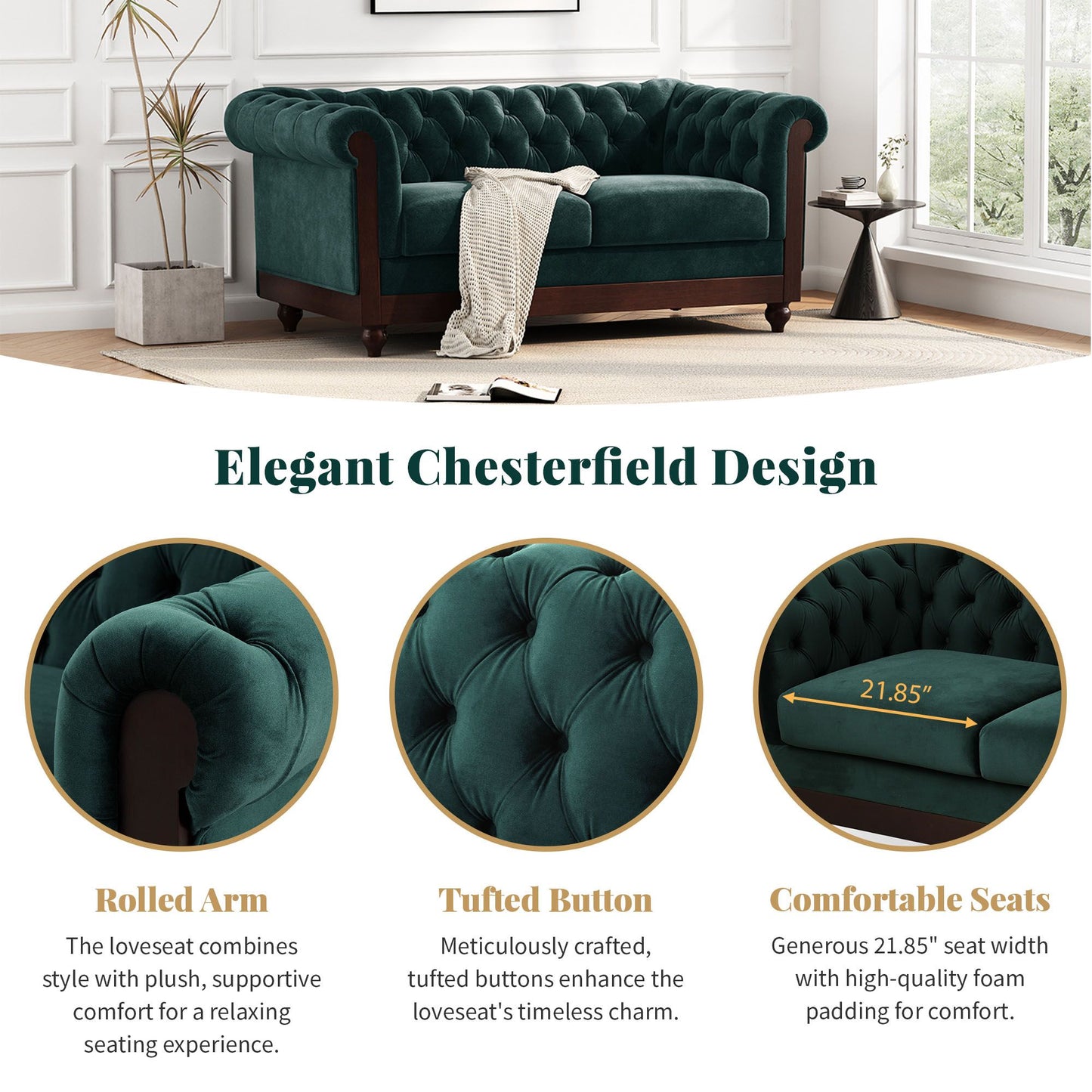 Chesterfield Tufted Velvet Loveseat 2-Seater Sofa - Forest Green