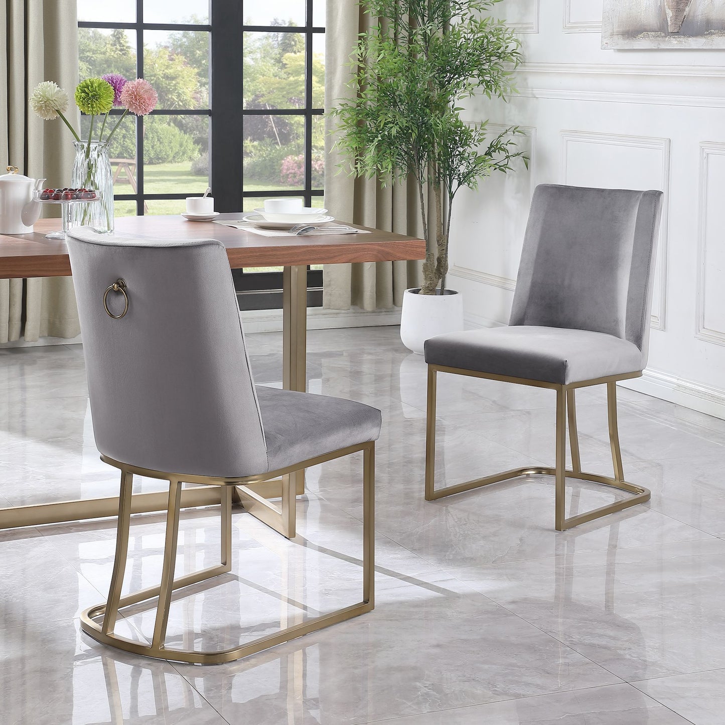 Velvet Upholstered Dining Chairs, Gold Metal Legs (Set of 2) - Gray