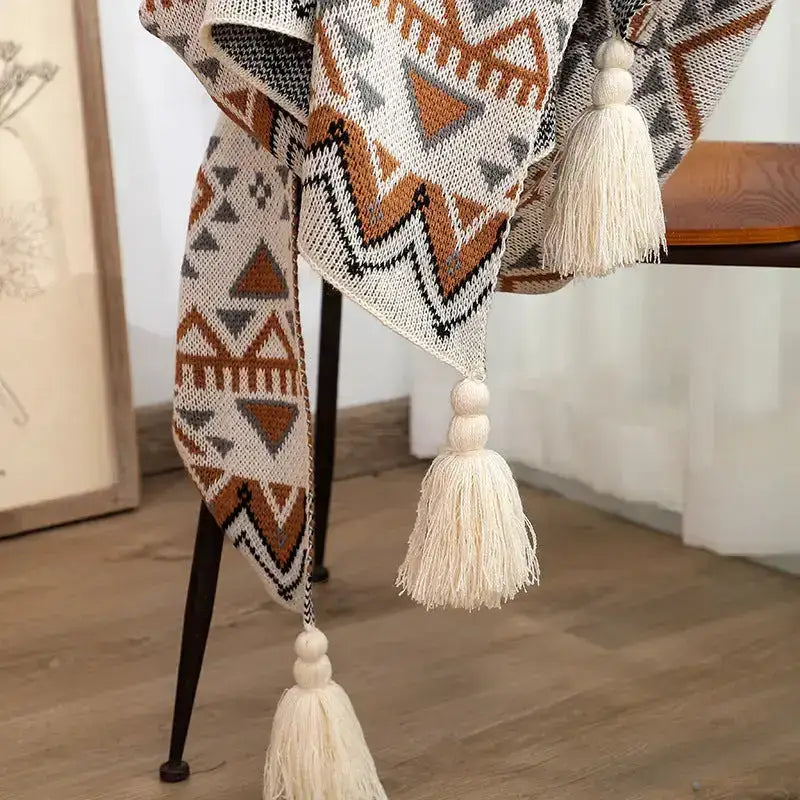 Knitted Cotton Geometric Pattern Throw Blanket with Tassels