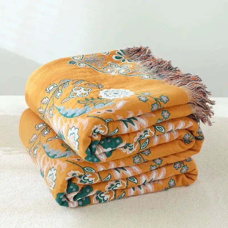 100% Cotton Botanical Fringed Throw Blanket