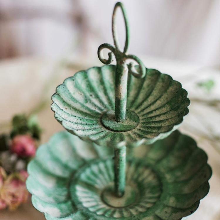 Small Vintage Iron Two Tier Decorative Tray - Green