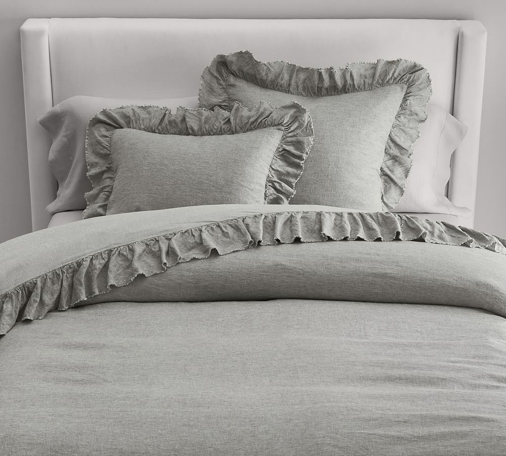Light Grey 100% Pure Linen or Linen Cotton Blend Ruffle Duvet Set