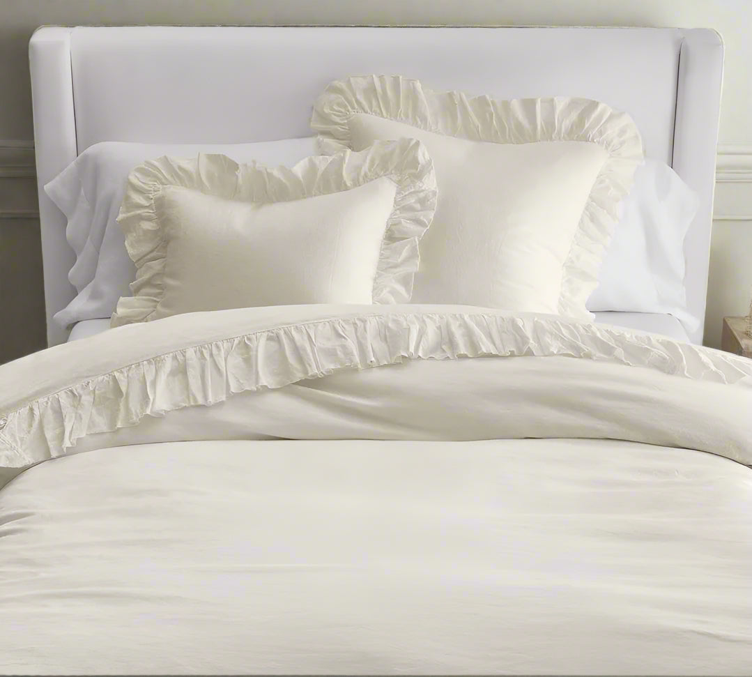 Ivory 100% Pure Linen or Linen Cotton Blend Ruffle Duvet Set