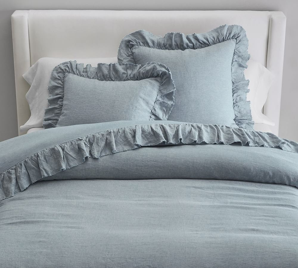 Blue 100% Pure Linen or Linen Cotton Blend Ruffle Duvet Set