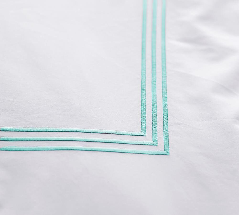 White with Turquoise Blue Embroidery Duvet Set - Cotton Sateen, Pure Linen, Linen Cotton Blend
