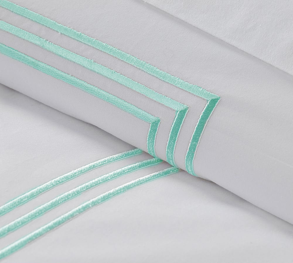 White with Turquoise Blue Embroidery Duvet Set - Cotton Sateen, Pure Linen, Linen Cotton Blend