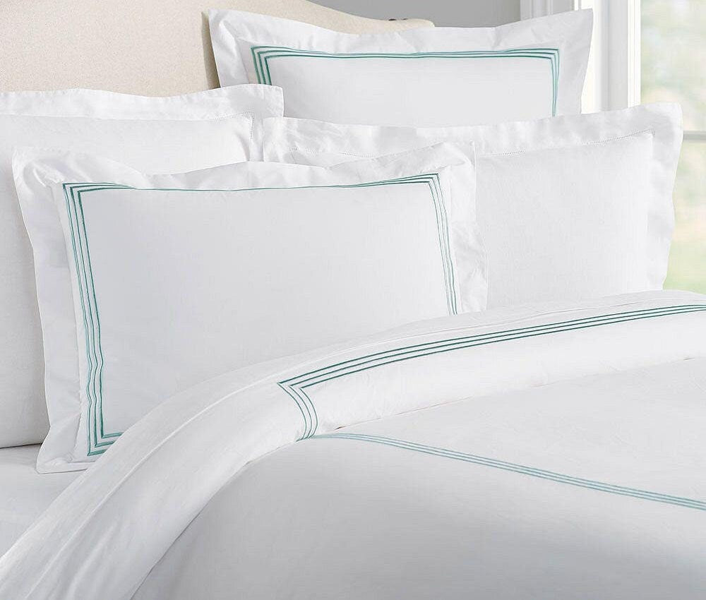 White with Turquoise Blue Embroidery Duvet Set - Cotton Sateen, Pure Linen, Linen Cotton Blend