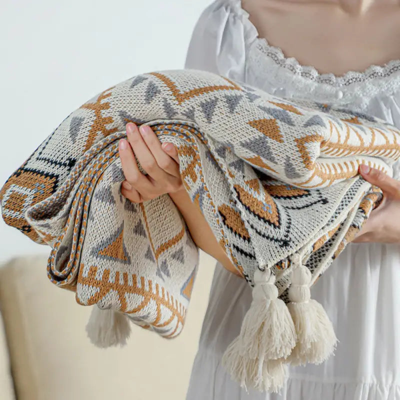 Knitted Cotton Geometric Pattern Throw Blanket with Tassels