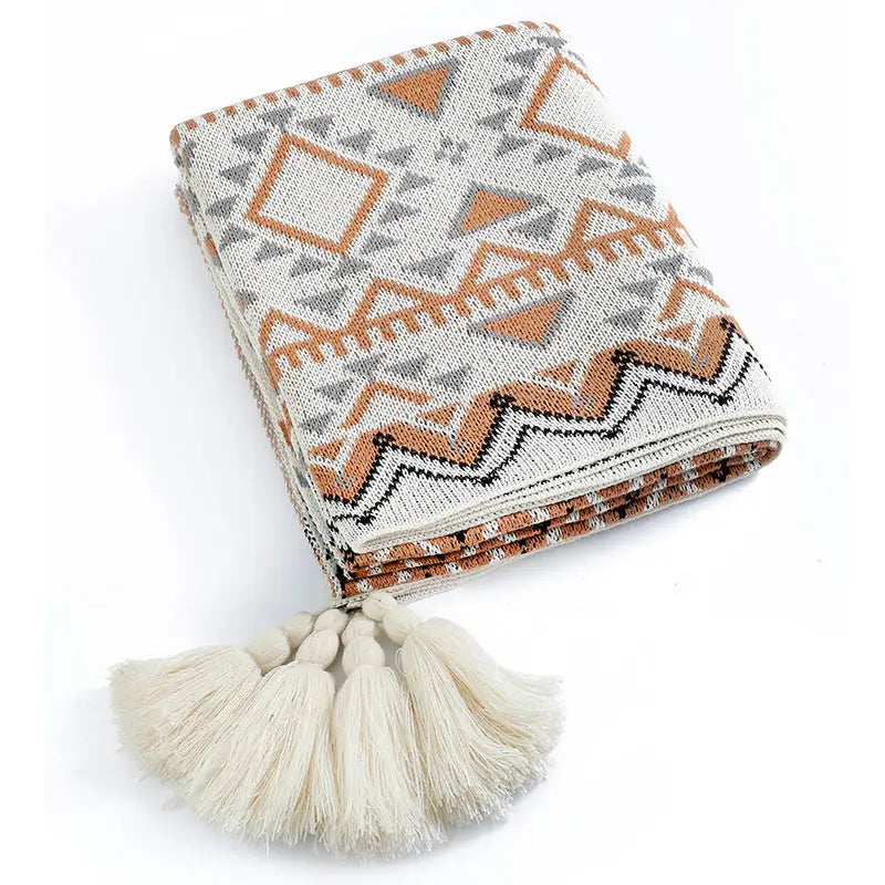 Knitted Cotton Geometric Pattern Throw Blanket with Tassels